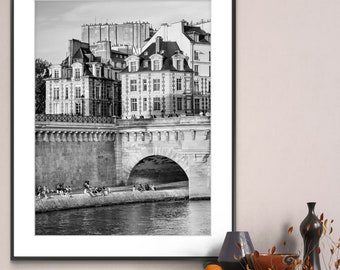 Printable Paris France Photography Poster - Pont Neuf and Place Dauphine Black and White - Digital Download Wall Art