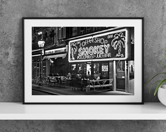 Printable Amsterdam Netherlands Photography Poster - Coffee Shop on Rembrandtplein Black and White - Digital Download Wall Art