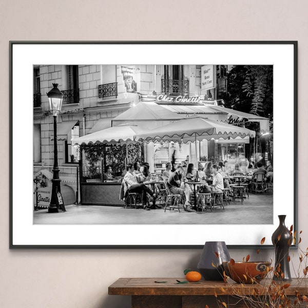 Printable Paris France Photography Poster - Café in Montmartre at Night Black and White - Digital Download Wall Art