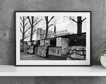 Printable Paris France Photography Poster - Book Sellers by the Seine - Digital Download Wall Art - Black and White