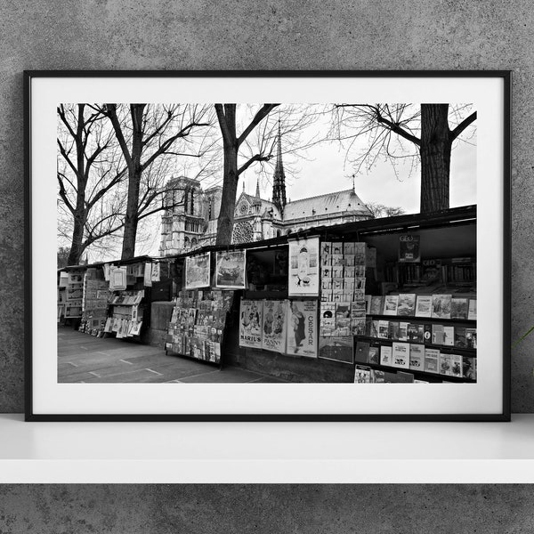 Printable Paris France Photography Poster - Book Sellers by the Seine - Digital Download Wall Art - Black and White