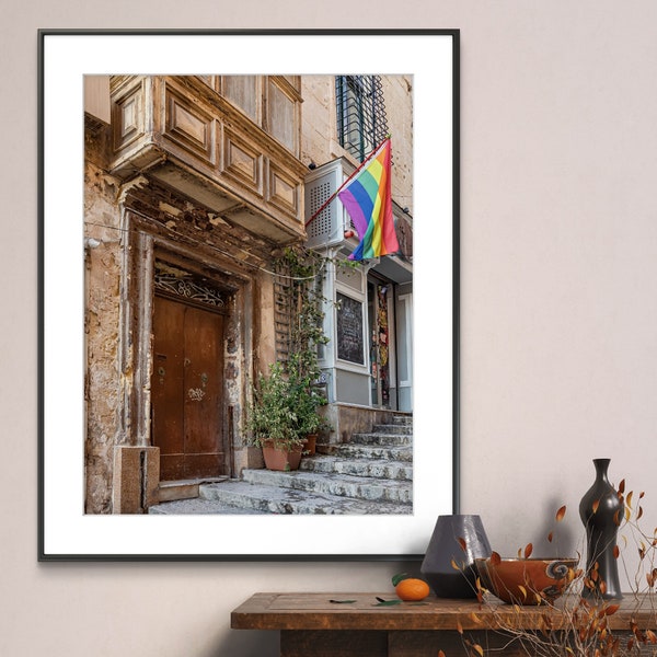 Printable Valetta Malta Photography Poster - Narrow Street and Pride Flag - Digital Download Wall Art