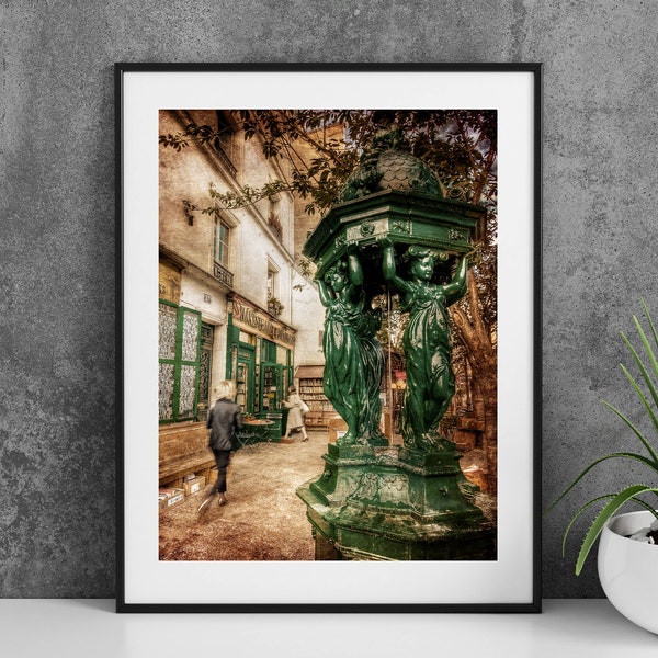 Printable Paris France Photography Poster -Wallace Fountain Shakespeare and Co Textured Style - Digital Download Wall Art