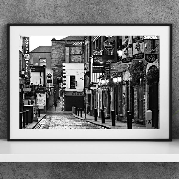 Printable Dublin Ireland Photography Poster - Early Morning Temple Bar Black and White - Digital Download Wall Art