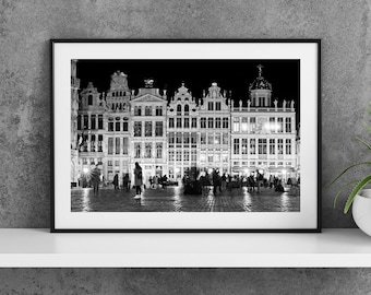 Affiche de photographie imprimable Bruxelles Belgique - Guildhalls on Grand Place Noir et Blanc - Digital Download Wall Art