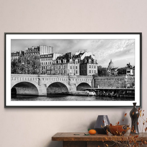 Printable Paris France Photography Poster - Pont Neuf and Ile de la Cité Black and White - Digital Download Wall Art