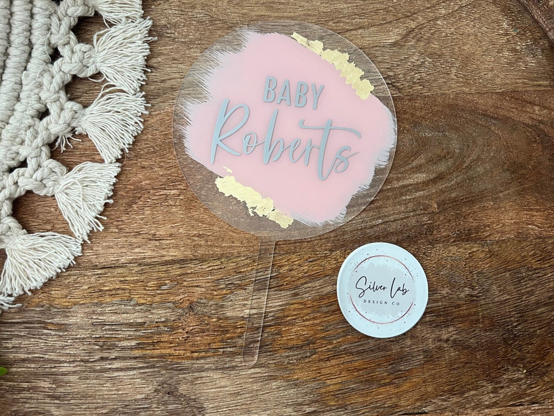 Baby Shower Cake Topper, Gold Foil Painted Acrylic Round Cake Topper, Custom Baby Cake Topper