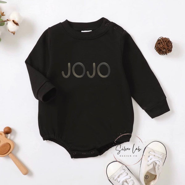 Black on Black Custom Baby Name Oversized Baby Bubble Personalized Sweatshirt Romper Boho Baby MINI Minimalist Sweatshirt Crewneck