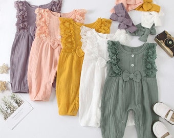 Baby Girl Clothes Muslin Lace Jumpsuit | Summer Girl Baby Romper | Toddler Sleeveless Jumpsuit Headband Set