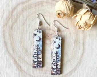 Watercolor Pine Tree Earrings, Wood Forest Earrings, Tree Earrings, Night Sky Earrings, Rustic Boho Tree Earrings, Everyday Earrings