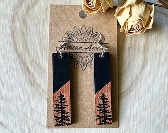 Pine Tree Earrings, Black & Wood Grain Stick Earrings, Wood Tree Earrings, Rustic Boho Pine Tree Earrings, Everyday Earrings