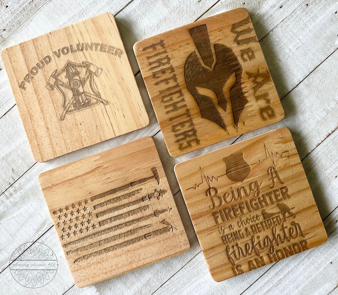Engraved Wood Firefighter Coaster Set, Tabletop Coasters - Etsy