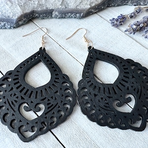 Wood Filigree Earrings, Elegant Wooden Earrings, minimalist, simple black wood earrings