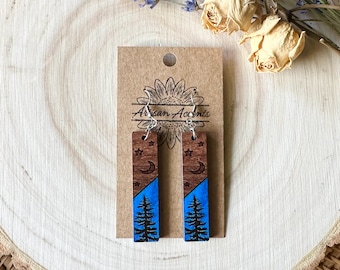 Pine Tree Earrings, Blue & Wood Grain Stick Earrings, Rust Tree Earrings, Night Sky Earrings, Wood Tree Earrings