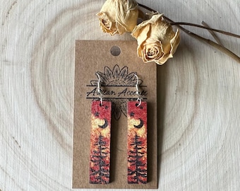 Pine tree & night sky earrings, watercolor earrings, Wooden tree earrings, Wood Pine tree earrings, Rustic boho earrings