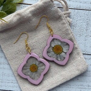 Pressed Flower Daisy Earrings, Pink Earrings, Wood + Resin Earrings