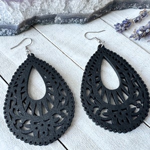 Black Wood Filigree Teardrop Earrings, Wooden Cutout Earrings, minimalist, simple wood earrings