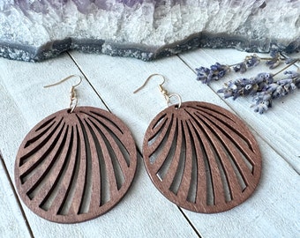 Wooden Earrings, Round Mandala Wood Earrings, Brown Wood Vacation Earrings, Lacy Filigree Earrings