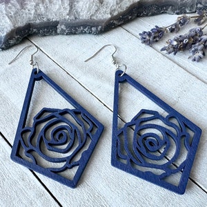 Wood Rose Earrings, Wood Flower Earrings, Black Wooden Earrings, Diamond Teardrop Earrings