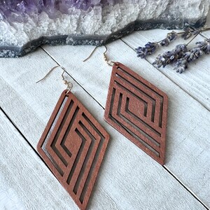 Wood Triangle Cutout Earrings, Wooden Aztec Design Earrings, Minimalist, Simple Wood Earrings