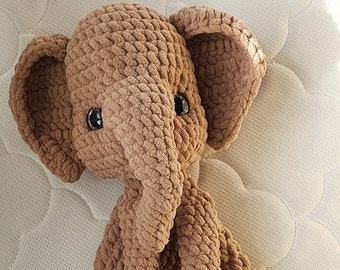 19" Plush Elephant Snuggler, Elephant Lovey, Crochet Elephant Decor, Crib Elephant Toy, Safari Soft Toy, Security Blanket Toy, Cuddly Toy