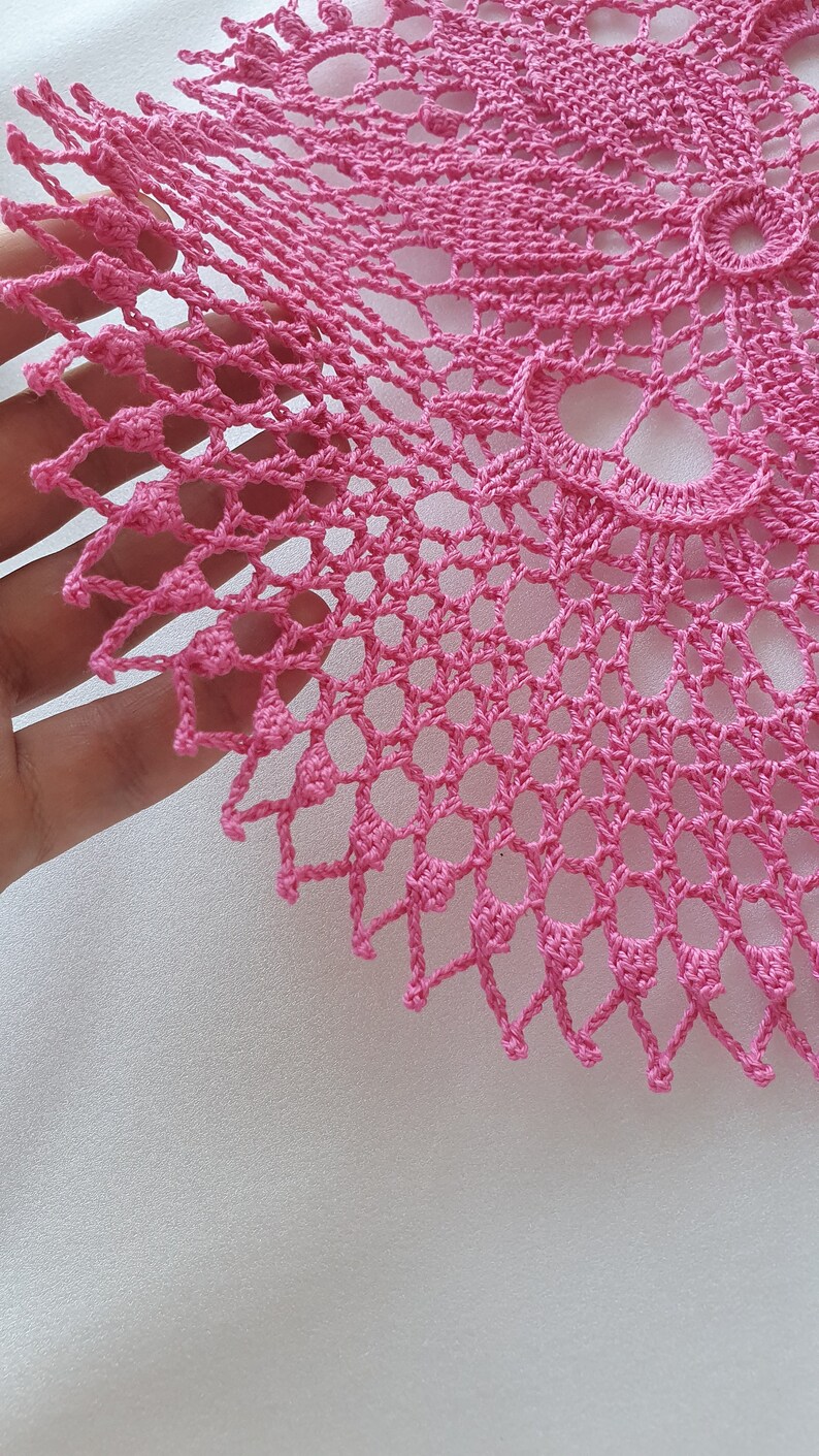 11 Crochet Oval Doily, 3D Doily Handmade, Pink Doily, Oval Table Runner