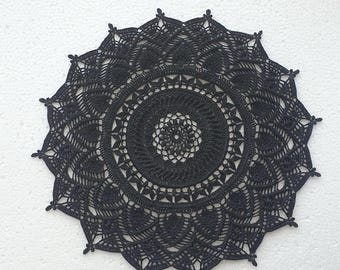 Crochet Round Textured Doily: Black & White Cotton, 16.5 inch