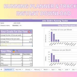 May include: A running planner and tracker with a purple and white color scheme. The planner includes a section for personal information, goals for the year, personal best times, and a monthly progress tracker. The tracker includes charts for the number of runs per month, distance ran per month, and a summary of total distance, average distance per week, and total number of runs.
