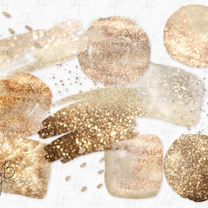 May include: A collection of gold glitter brushstrokes, circles, and shapes on a white background. The image includes the text "rileyB sublimation" in a handwritten font. The design elements are in shades of gold and beige.