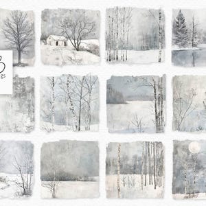 May include: A set of ten digital paper backgrounds featuring a wintry scene with trees, snow, and a white house. The backgrounds are in a light blue and grey colour scheme and have a watercolour effect.