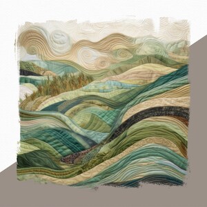 May include: A quilted wall art piece depicting a landscape with rolling hills in shades of green, brown, and beige. The hills are made of fabric and have a textured, quilted appearance.