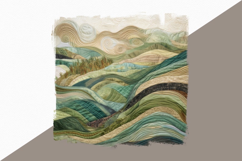 May include: A quilted wall art piece depicting a landscape with rolling hills in shades of green, brown, and beige. The hills are made of fabric and have a textured, quilted appearance.