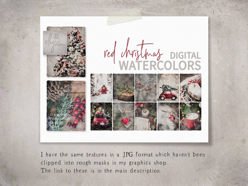 Red Christmas Watercolor PNGs Handmade Paper with Christmas Scenes PNGs Sublimation Christmas Watercolor PNGs Red Christmas Images image 3