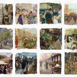 May include: A collage of ten vintage paintings depicting Parisian street scenes. The paintings feature people shopping, walking, and enjoying the city. Some of the paintings include flower stalls, cafes, and churches.