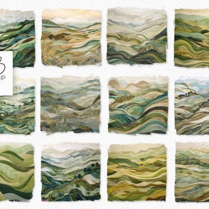 May include: A set of 12 digital illustrations of green and brown rolling hills with a watercolor effect. The hills are layered and textured, creating a sense of depth and dimension. The illustrations are perfect for adding a touch of nature to your designs.