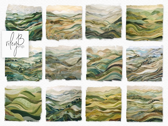 Quilted Landscape PNGs - Quilted Effect Landscapes - Landscapes in Shades of Green - Fabric Textured Landscape Images - Dreamy Landscapes
