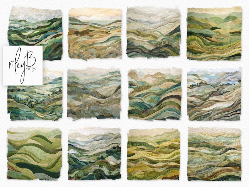 May include: A set of 12 digital illustrations of green and brown rolling hills with a watercolor effect. The hills are layered and textured, creating a sense of depth and dimension. The illustrations are perfect for adding a touch of nature to your designs.