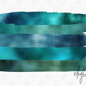 May include: Five horizontal brushstrokes in shades of teal, blue, and green. The brushstrokes have a metallic sheen and are arranged in a gradient from dark to light.