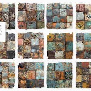 May include: A collection of square, textured tiles with a distressed, aged appearance. The tiles feature a variety of colors including rust, teal, and brown, with embossed patterns. The image includes the text "rileyB pngs".