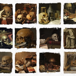 Pinturas de calaveras vintage PNGs - Arte de calaveras antiguas - Arte Vanitas - Calavera de Halloween - Arte de calaveras holandesas del siglo XVII - Pinturas de calaveras antiguas