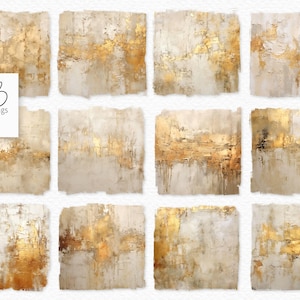 PNGs de marfim e dourado - Abstratos texturizados com detalhes metálicos - Quadrados pictóricos com bordas rasgadas - PNGs de fundo transparente bege e dourado