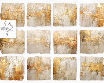 Ivory and Gold PNGs - Textured Abstracts with Metallic Accents - Torn Edge Painterly Squares - Beige and Gold Transparent Background PNGs