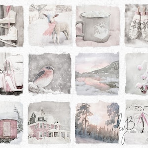 Pink and Grey Winter Watercolor PNGs - Sublimation Watercolor Winter Scenes - Winter Backgrounds - Winter Sublimation