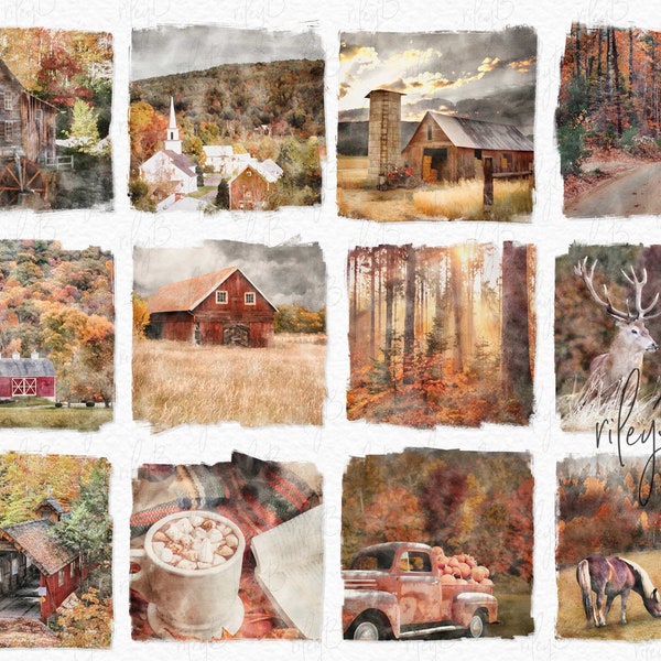 Fall Watercolors PNGs - Autumn Scenes - Fall Backgrounds - Autumn Watercolors - Sublimation Fall - Barn Backgrounds - Fall Barns - Fall Deer