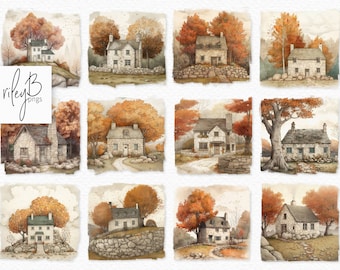 May include: Ten watercolor illustrations of stone houses with autumnal trees and foliage. Each house has a unique design and is surrounded by a stone wall or rocks.