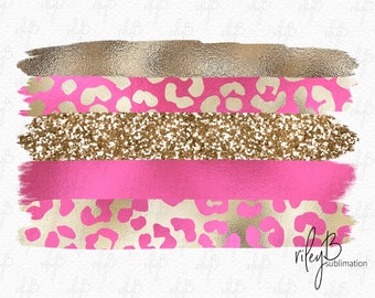Bright Pink and Gold Brush Strokes PNG - Sublimation Clipart Strokes - Sublimation Pink and Gold Leopard Print Foil and Glitter