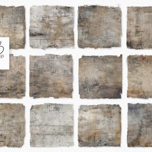 Puede incluir: Una colección de doce papeles digitales cuadrados con un aspecto envejecido y desgastado. Los papeles presentan una mezcla de tonos neutros, incluyendo beige, marrón y gris, con texturas y arañazos visibles. El logo "rileyB pngs" está en la esquina superior izquierda.