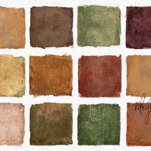 Könnte beinhalten: Zwölf digitale Papiertexturen in verschiedenen Brauntönen, Grün- und Rottönen. Die Texturen haben einen abgenutzten, Vintage-Look.