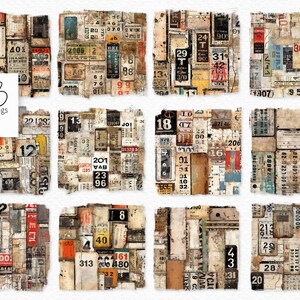 May include: A collection of twelve square digital art prints featuring a collage of vintage ephemera. Each square showcases a unique arrangement of aged tickets, labels, and numbers in various colors, creating a textured, antique aesthetic.