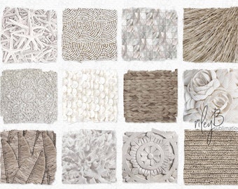 Puede incluir: Un collage digital de 12 texturas diferentes, incluyendo patrones tejidos, de cuentas y de conchas en tonos blancos y marrones. Las texturas están dispuestas en un patrón de cuadrícula.